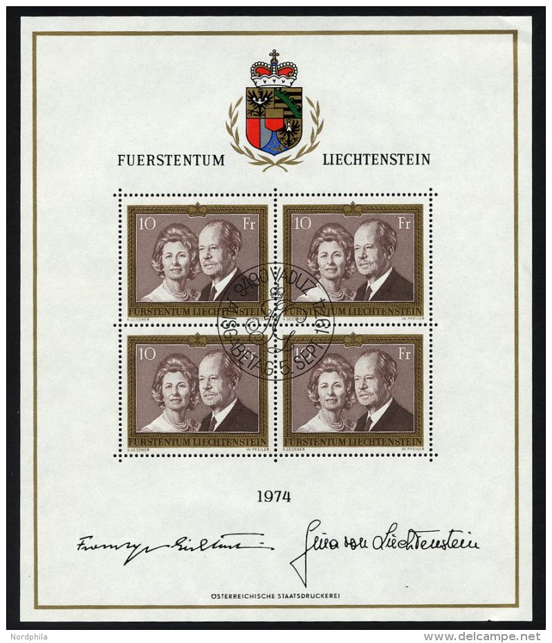 LIECHTENSTEIN 614KB O, 1974, 10 Fr. Fürstenpaar Im Kleinbogen, Ersttags-Sonderstempel, Pracht, Mi. 40.- - Autres & Non Classés