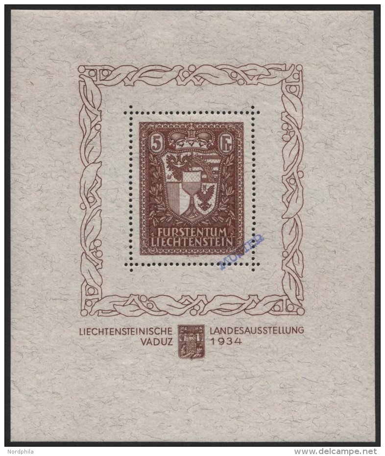 LIECHTENSTEIN Bl. 1SP *, 1934, Block Landesausstellung Mit Blauem Handstempel MUSTER, Feinst, R!, Fotoattest Marxer, Mi. - Autres & Non Classés