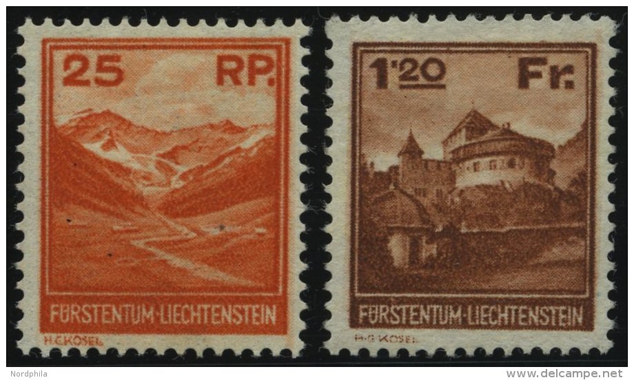 LIECHTENSTEIN 119,121 *, 1933, 25 Rp. Und 1.20 Fr. Landschaften Und Gebäude, Falzrest, Pracht - Autres & Non Classés