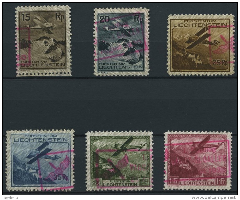 LIECHTENSTEIN 108-13 O, 1930, Flugzeug über Landschaften, Rote Fugpoststempel, Satz Feinst/Pracht - Autres & Non Classés