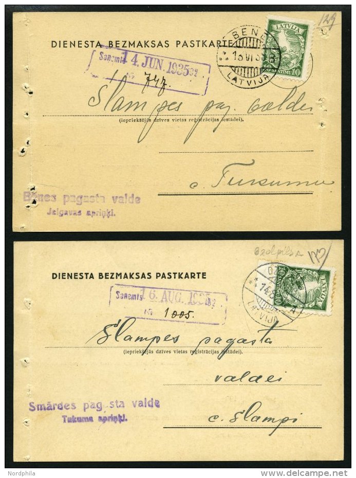 LETTLAND DP BRIEF, 1935, Portofreie Dienstpostkarten, Druckereivermerke: Riga Nr. 32a Und Riga Nr. 1223 (!), Frankiert M - Lettonie