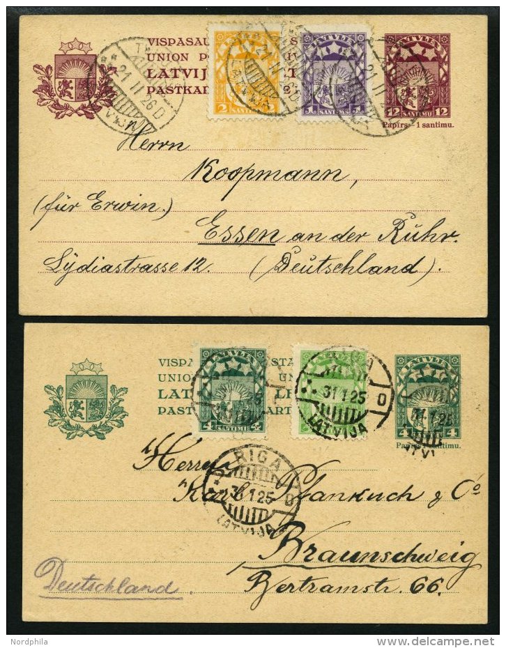 LETTLAND P 1/2 BRIEF, 1923, 4 Und 12 S. Landeswappen, Je Mit Zusatzfrankatur, 2 Prachtkarten Nach Deutschland - Lettonie