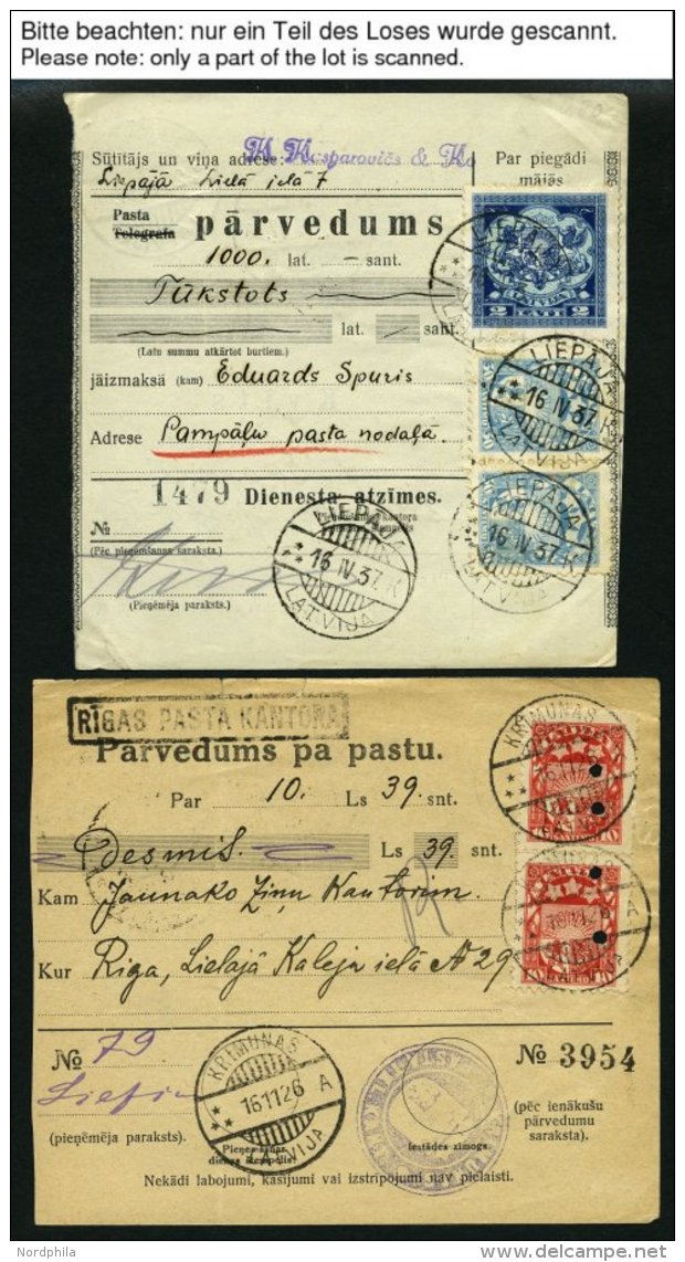 LETTLAND 1928-37, Interessante Partie Von 15 Verschiedenen Geldanweisungen (PARVEDUMS), Diverse Typen, Frankaturen Und S - Lettonie