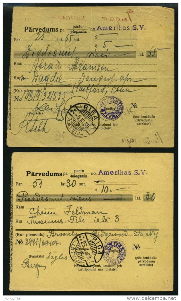 LETTLAND 121 BRIEF, 1929/30, 2 S. Lilarosa, 2 Frankierte Geldanweisungen Aus Amerika (verschiedene Typen), Pracht - Lettonie