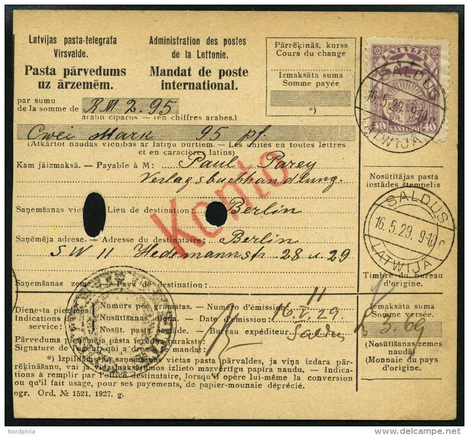 LETTLAND 96 BRIEF, 1929, 40 S. Lila, Einzelfrankatur Auf Internationaler Geldanweisung Aus SALDUS, Pracht - Lettonie