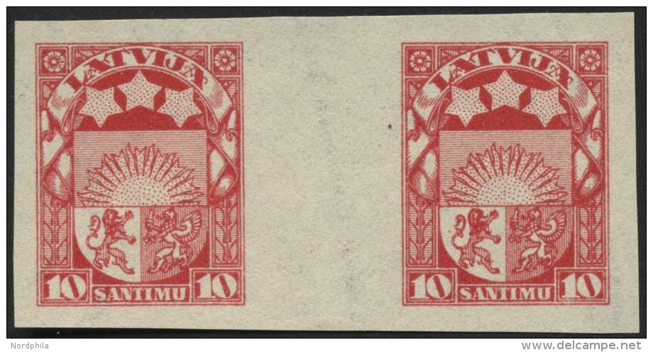 LETTLAND 93UZW (*), 1923, 10 S. Karmin, Ungezähnt Im Zwischenstegpaar, Ohne Gummi, Pracht - Letland