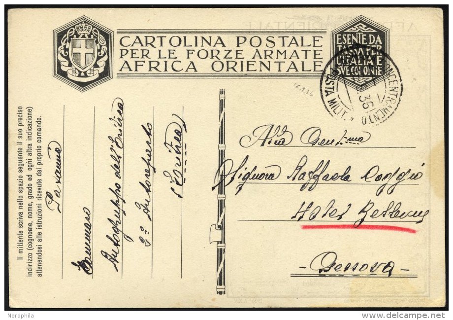 MILITÄRPOST 1936, K2 ASMARA CONCENTRA MENTO/POSTA MILIT. Auf Feldpost-Ansichtskarte Mit Absender Autogruppo Dele`Er - Lettres & Documents