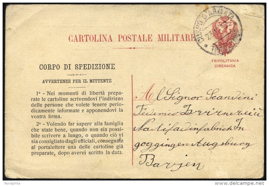 MILITÄRPOST 1912, Feldpoststempel CORPO D`ARMATA TRIPOLITANA Auf Seltener Feldpost-Vordruckkarte, Feinst - Lettres & Documents