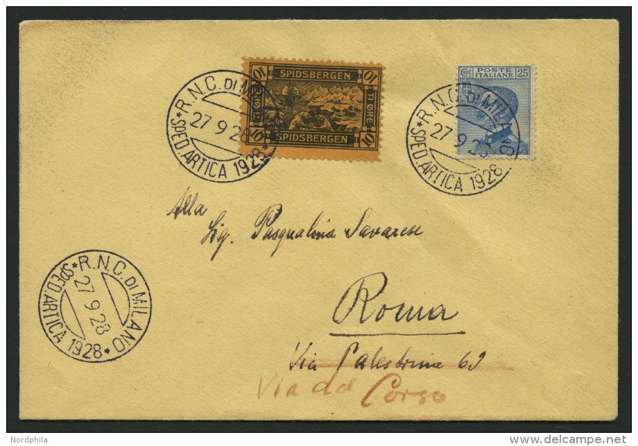 ITALIEN 1928, Nordpolflug Der ITALIA, Brief Vom Funker Der Italia Nach Rom, Mit Blauer 25 C. Marke Und Spitsbergen-Vigne - Non Classés