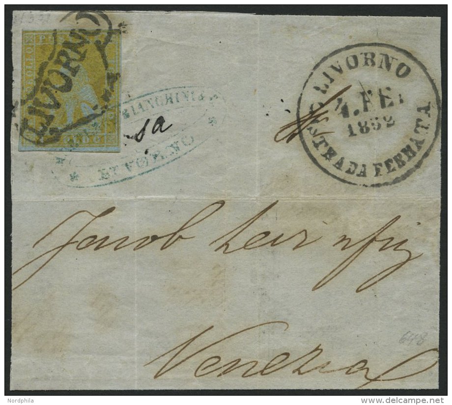 TOSCANA 2x BrfStk, 1851, 1 So. Gelb, Blaues Papier, Mit Stempel LIVORNO Auf Briefteil, Links Oben Leicht Berührt So - Toscana