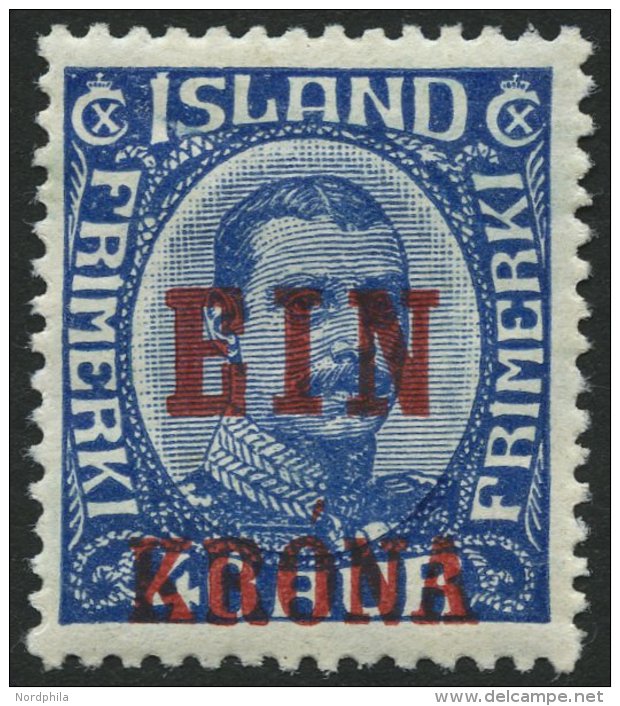 ISLAND 121 *, 1926, 1 Kr. Auf 40 A. Blau, Falzreste, Pracht, Facit 1300.- Skr. - Autres & Non Classés