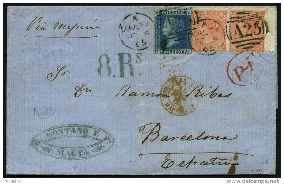 GROSSBRITANNIEN 17I,19II Paar BRIEF, 1865, 2 P. Blau Und Waagerechtes Paar 4 P. Bräunlichrot (üblich Gezä - Oblitérés