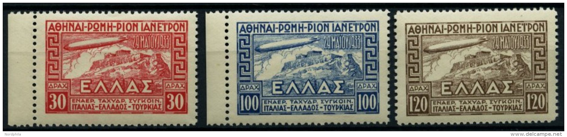 GRIECHENLAND 352-54 **, 1933, Graf Zeppelin, Prachtsatz, Mi. 380.- - Autres & Non Classés