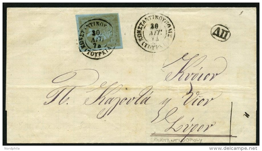 GRIECHENLAND 42a BRIEF, 1874, 40 L. Graugrünlicholiv Auf Blau, Voll-breitrandig Auf Briefhülle Mit K2 Von Kons - Autres & Non Classés