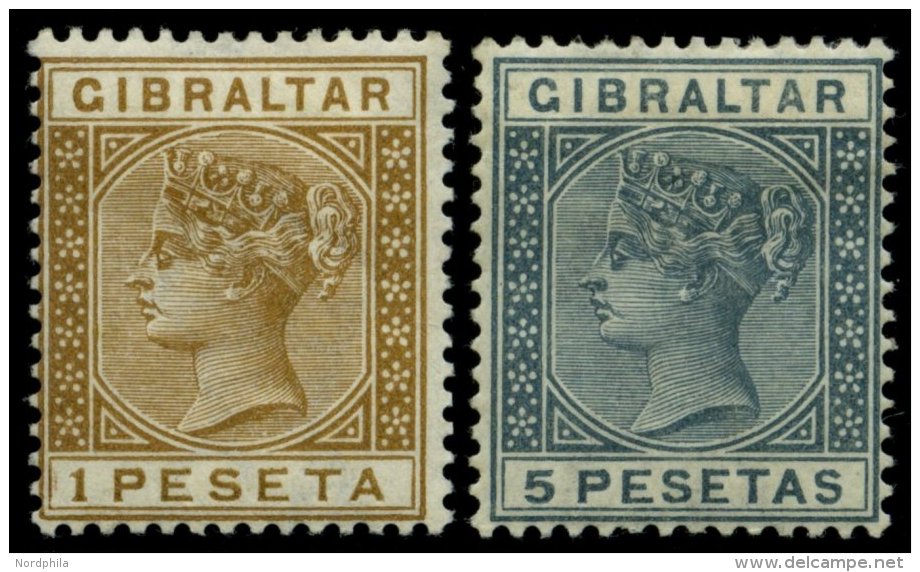 GIBRALTAR 28/9 *, 1899, 1 Pta. Hellbraun Und 5 Pta. Schiefer, Falzreste, 2 Prachtwerte, Mi. 120.- - Gibraltar