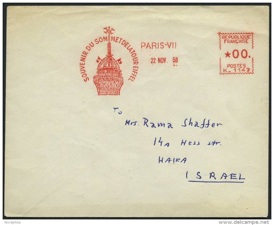 FRANKREICH 1958, Roter Maschinenstempel SOUVENIR DU SOMMET DE LA TOUR EIFFEL Mit *00. Auf Brief Von PARIS Nach Israel, L - Autres & Non Classés