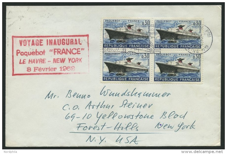 FRANKREICH 1378 VB BRIEF, 1962, 0,30 Fr. France Im Viererblock Auf Schiffspostbrief, Mit Der France Befördert, Rote - Autres & Non Classés