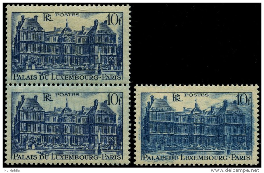 FRANKREICH 758 **, 1946, 10 Fr. Blau, 2 Werte Mit Verschiedenen Druckabweichungen, Pracht - Autres & Non Classés