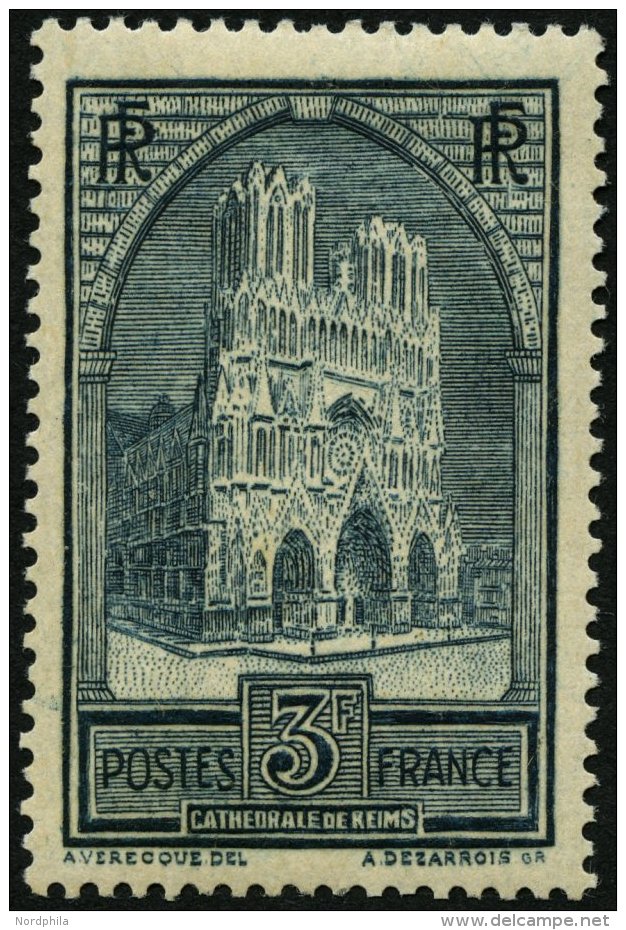 FRANKREICH 256III *, 1930, 3 Fr. Kathedrale Von Reims, Type III, Falzrest, Feinst - Autres & Non Classés