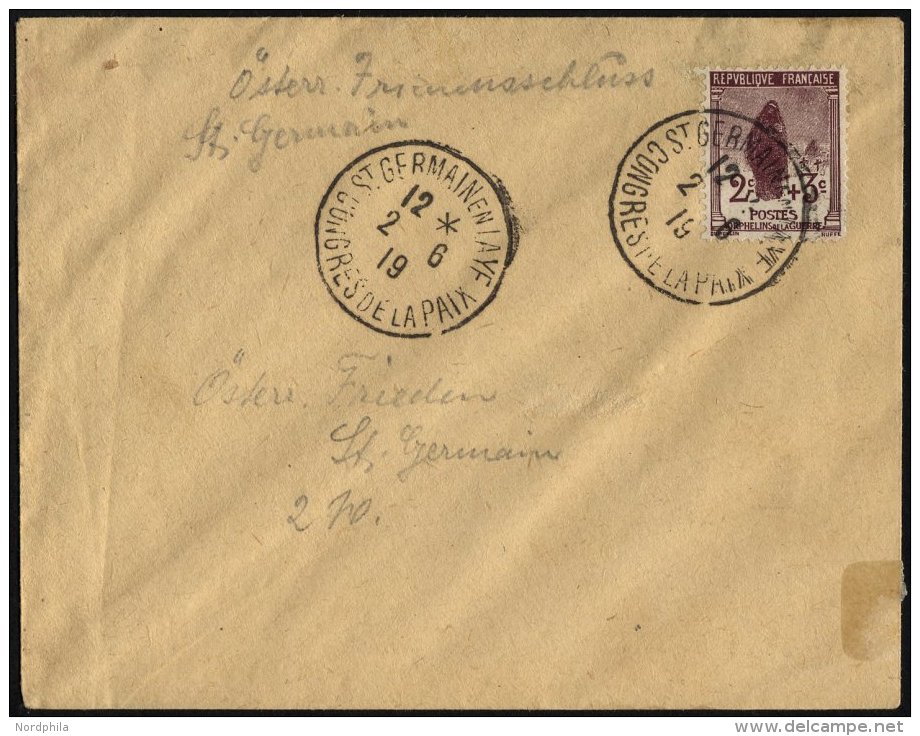 FRANKREICH 128 BRIEF, 1919, Brief Mit Sonderstempel Des Friedenskongresses In St. Germain Auf 2 C. Kriegswaisen, Pracht - Otros & Sin Clasificación