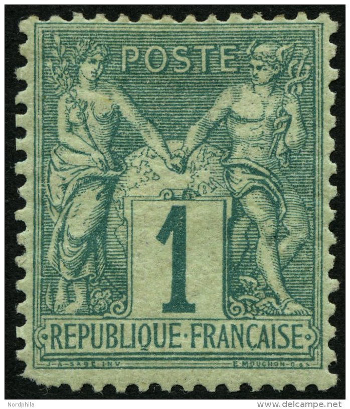 FRANKREICH 56 *, 1876, 1 C. Grün, Falzrest, Feinst (Eckzahnfehler), Mi. 170.- - Autres & Non Classés