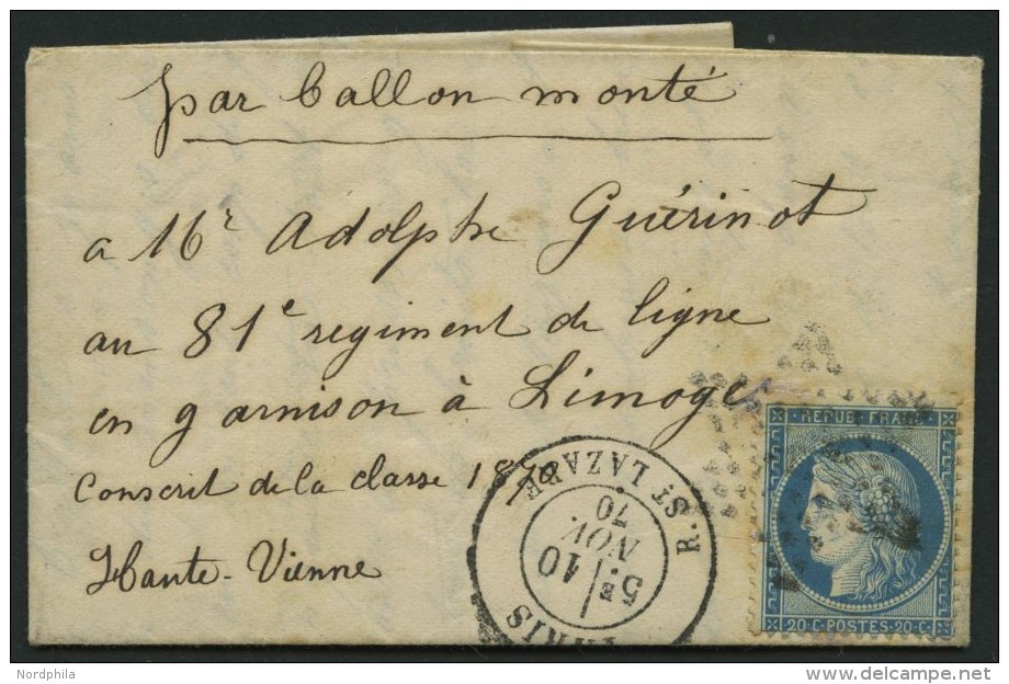 FRANKREICH 15 BRIEF, 1870, 20 C. Blau Mit Sternstempel Und Nebenstempel K2 PARIS R.St. LAZARE 10. NOV. Auf Ballon Monte - Autres & Non Classés