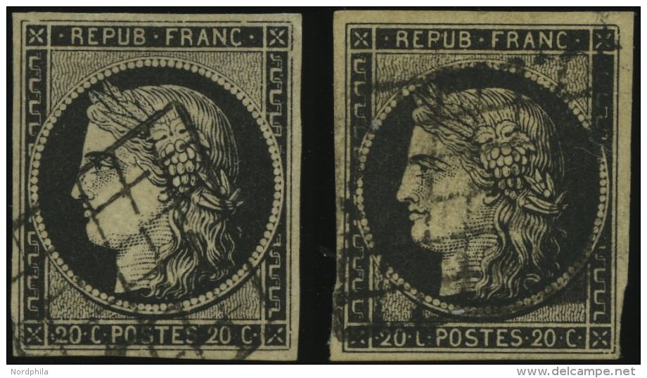 FRANKREICH 3x,y O, 1849, 20 C. Schwarz, Beide Papiere, 2 Prachtwerte, Mi. 100.- - Autres & Non Classés