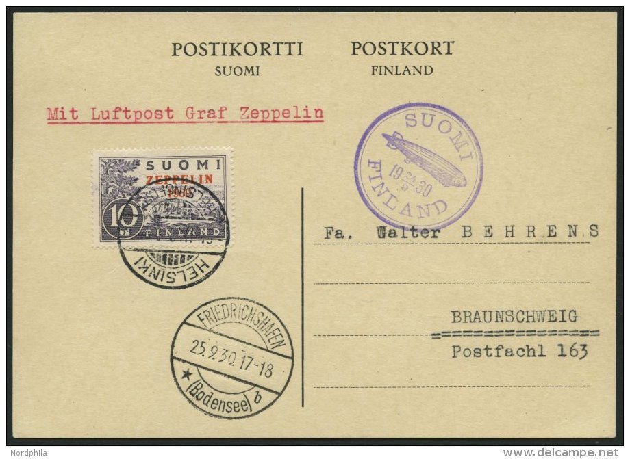 FINNLAND 161 BRIEF, 1930, 10 M. Graf Zeppelin, Zweites P In Zeppelin Etwas Kürzer, Auf Zeppelinkarte, Pracht - Oblitérés