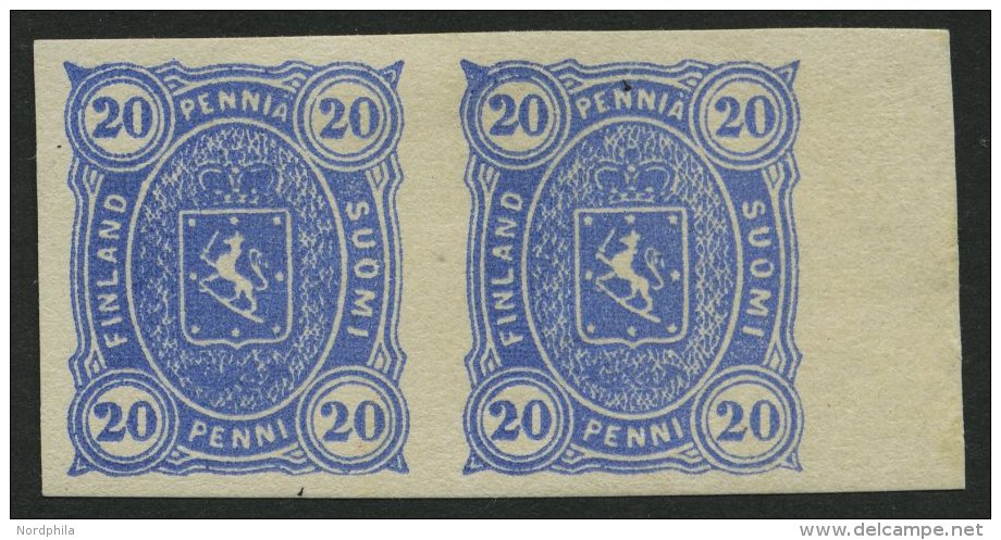 FINNLAND 16U Paar *, 1875, 20 P. Blau, Ungezähnt, Im Waagerechten Randpaar, Falzrest, Pracht - Oblitérés