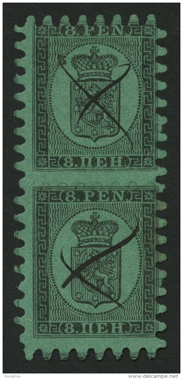 FINNLAND 6Bx Paar O, 1866, 8 P. Schwarz Auf Grün, Gewöhnliches Papier, Im Senkrechten Paar Mit Federkreuz, Pra - Oblitérés