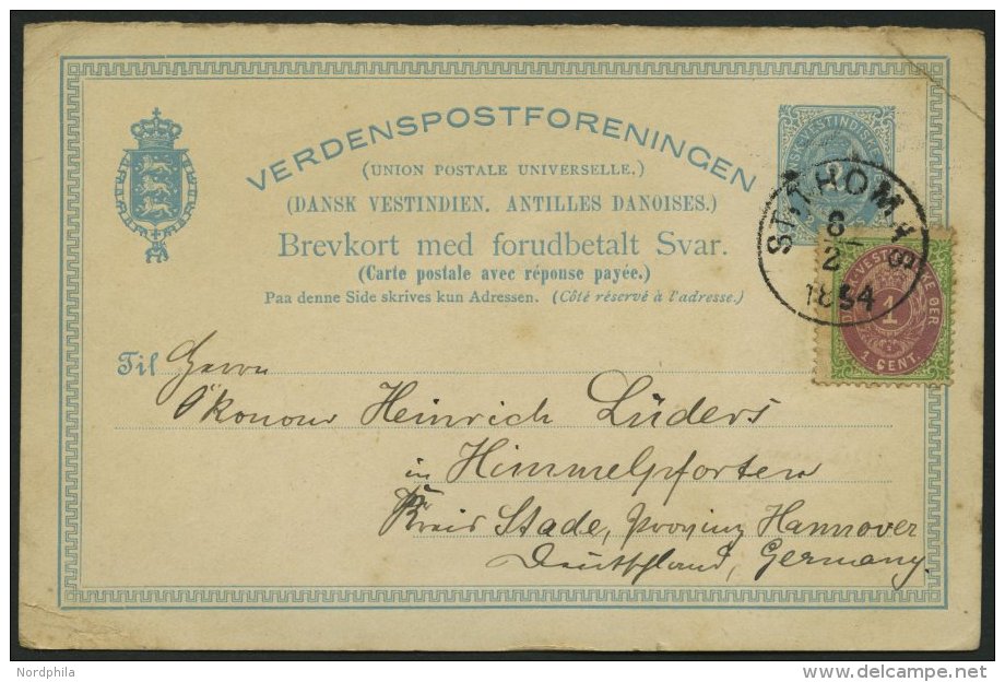 DÄNISCH-WESTINDIEN 5I BRIEF, 1894, 1 C. Mit Abart Weißer Fleck Im C Als Zusatzfrankatur Auf 2 C. Blau Ganzsac - Danish West Indies