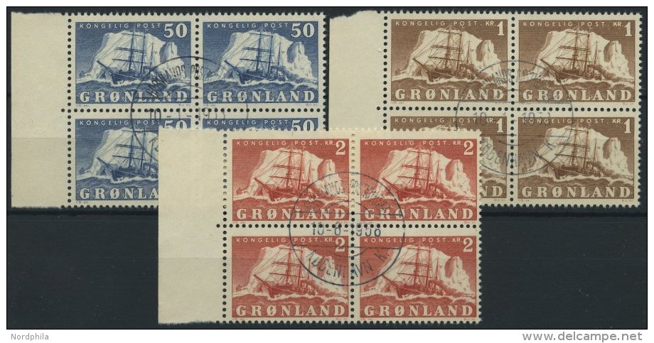 GRÖNLAND - DÄNISCHE POST 34-36 VB O, 1950, 50 Ø - 2 Kr. Schiffe, Je Im Zentrisch Gestempelten Viererblo - Autres & Non Classés