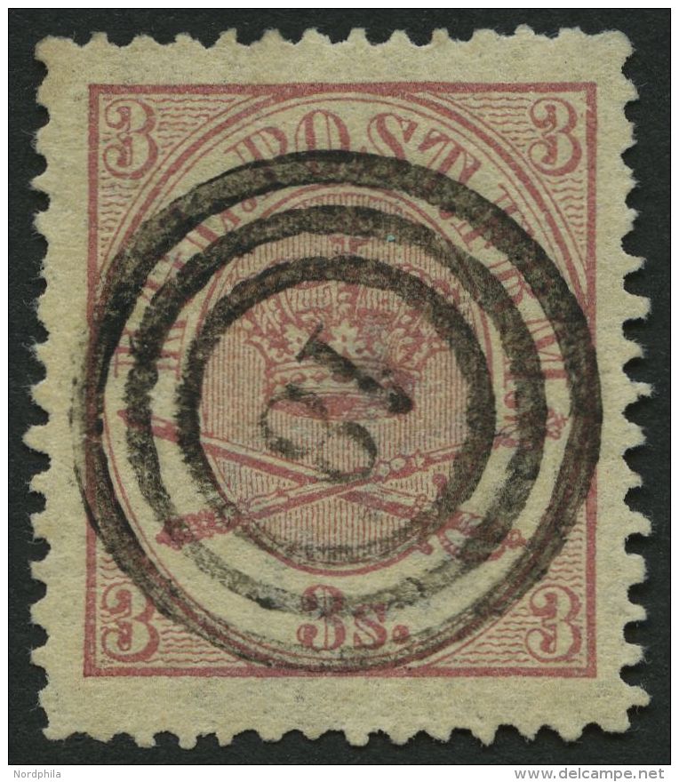 DÄNEMARK 12A O, 1865, 3 S. Lila, Gezähnt K 13:121/2, Zentrischer Nummernstempel 18, Pracht, Mi. 70.- - Oblitérés