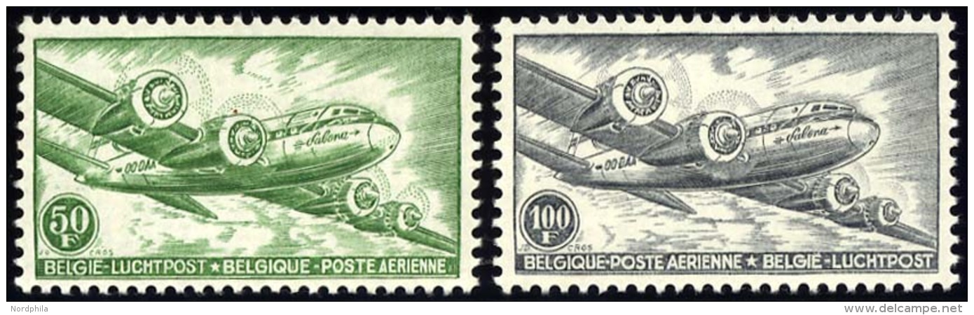 BELGIEN 753/4B *, 1954, 50 Und 100 Fr. Flugpostmarken, Gezähnt 11 3/4:111/2, Falzrest, 2 Prachtwerte - Belgique
