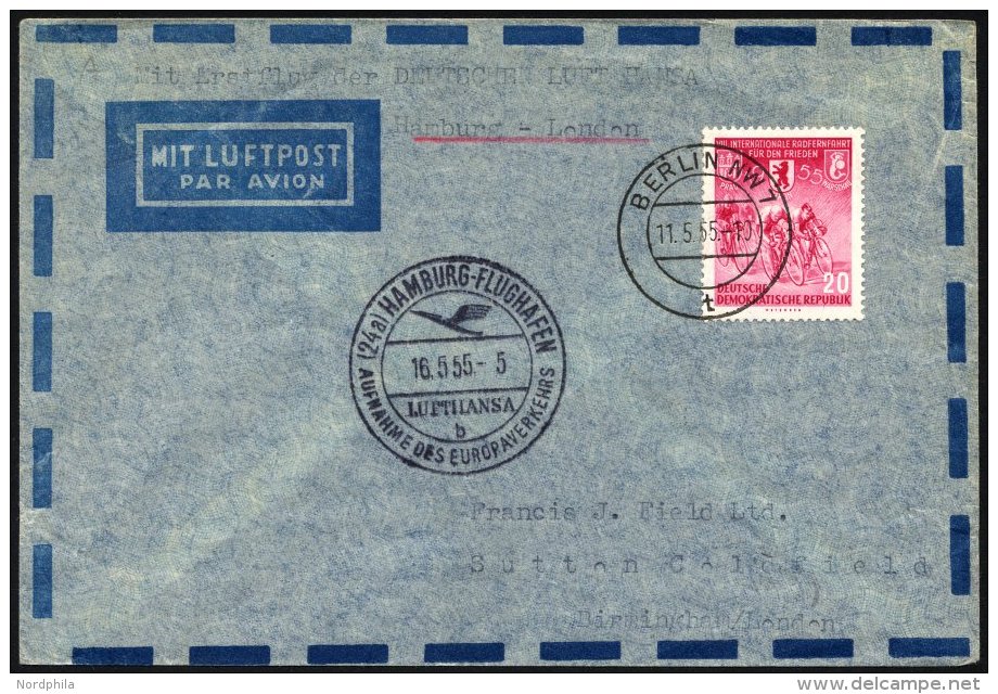 DEUTSCHE LUFTHANSA 23 BRIEF, 16.5.1955, Hamburg-London, Zuleitung Aus Der DDR, Brief Feinst - Oblitérés