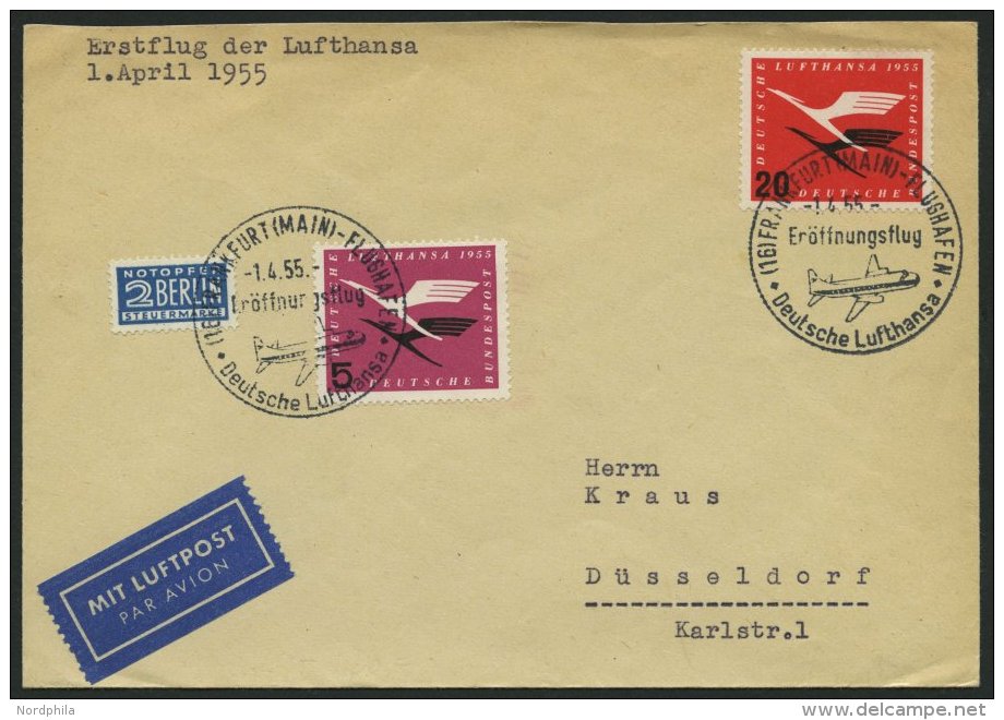 DEUTSCHE LUFTHANSA 12 BRIEF, 1.4.1955, Frankfurt-Düsseldorf, Prachtbrief - Oblitérés