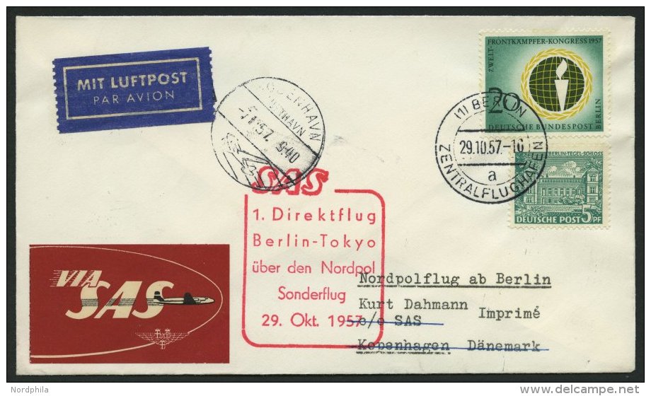 ERST-UND ERÖFFNUNGSFLÜGE 29.10.57, Berlin-Tokyo, 1. Direktflug über Den Nordpol Bis Kopenhagen, Prachtbri - Lettres & Documents