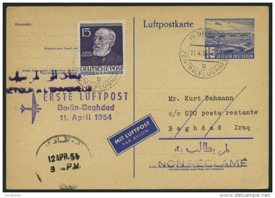 ERST-UND ERÖFFNUNGSFLÜGE 2470A BRIEF, 11.4.54, Berlin-Baghdad, Prachtkarte - Lettres & Documents