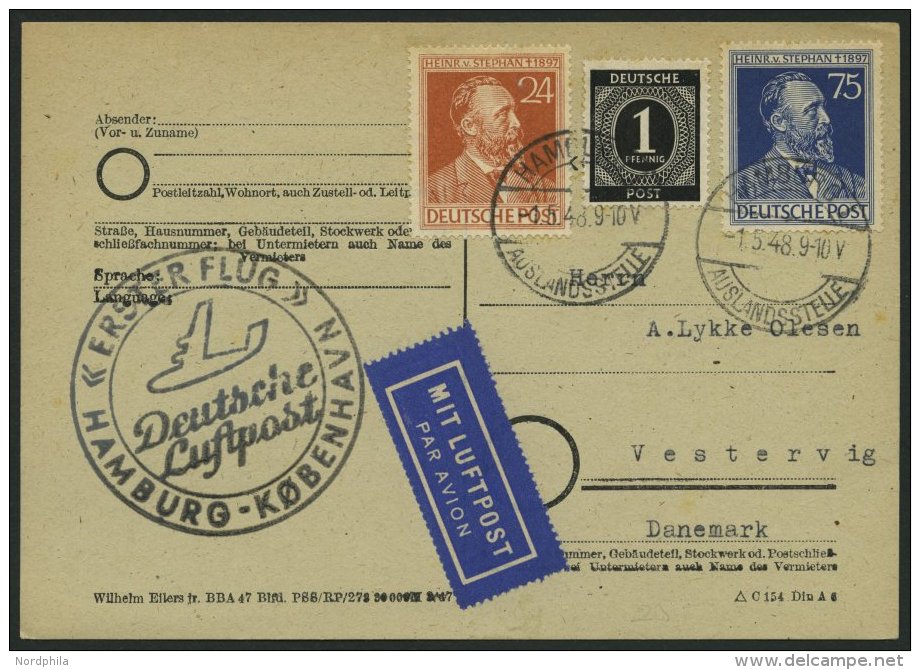 ERST-UND ERÖFFNUNGSFLÜGE 2302 BRIEF, 1.5.48, Hamburg-Kopenhagen, Flugbestätigungsstempel In Schwarz (Gef& - Storia Postale