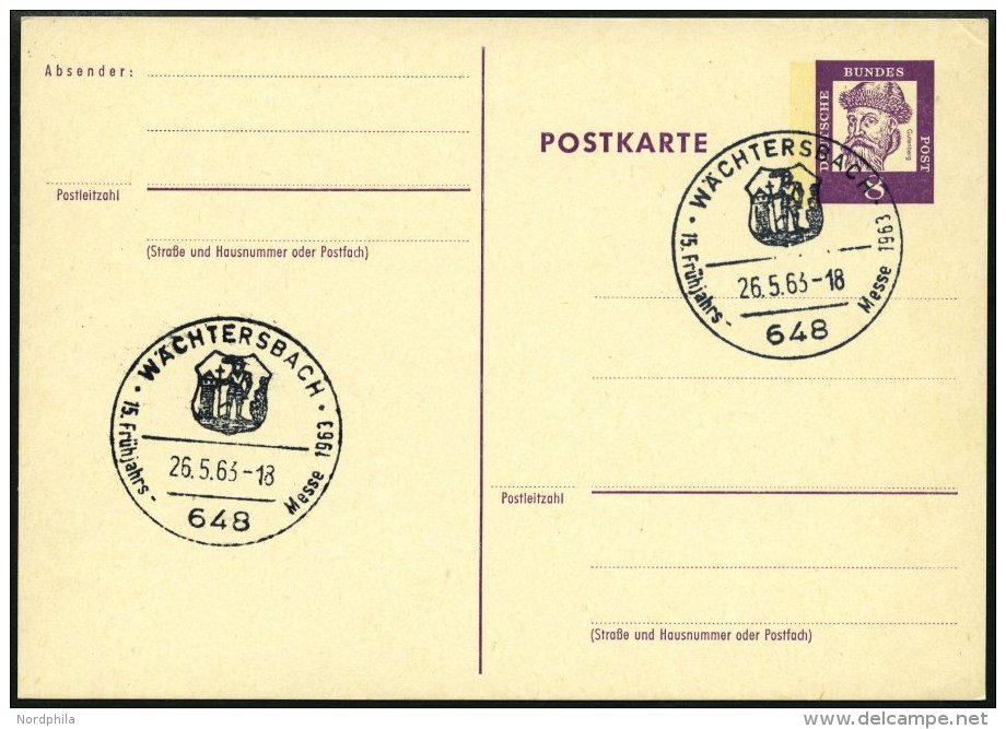 GANZSACHEN P 73 BRIEF, 1962, 8 Pf. Gutenberg, Postkarte In Grotesk-Schrift, Leer Gestempelt Mit Sonderstempel WÄCHT - Collections