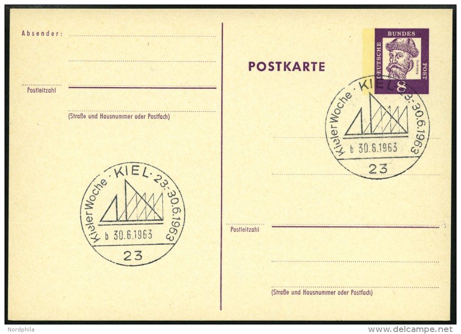 GANZSACHEN P 73 BRIEF, 1962, 8 Pf. Gutenberg, Postkarte In Grotesk-Schrift, Leer Gestempelt Mit Sonderstempel KIEL KIELE - Collections