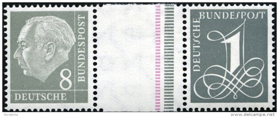 ZUSAMMENDRUCKE WZ 15aIVYII **, 1960, Heuß Wz. Liegend 8 + Z + 1, Schmale Strichelleiste In Rotlila Und Eine In Dun - Oblitérés