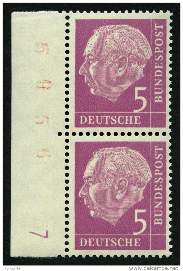 BUNDESREPUBLIK 179yDZ **, 1960, 5 Pf. Heuss Lumogen Im Senkrechten Randpaar Mit Druckereizeichen 7 Und Plattennummer, Pr - Oblitérés