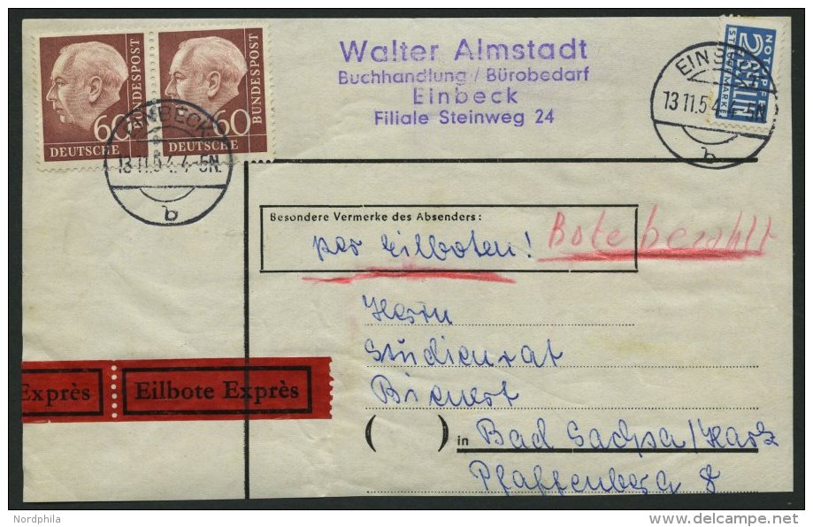 BUNDESREPUBLIK 190 Paar BrfStk, 1954, 60 Pf. Heuss Im Waagerechten Paar Auf Eilboten-Päckchenaufkleber, Pracht - Oblitérés