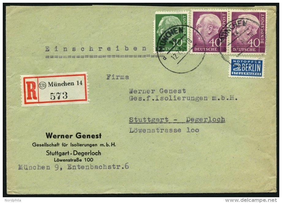 BUNDESREPUBLIK 188 Paar BRIEF, 1954, 40 Pf. Heuss Im Waagerechten Paar Mit 10 Pf. Zusatzfrankatur (defekt) Auf Bedarfs-E - Oblitérés