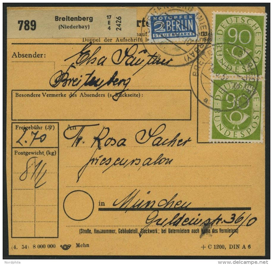 BUNDESREPUBLIK 138 BRIEF, 1954, 90 Pf. Posthorn, 3x Als Mehrfachfrankatur Auf Paketkarte Aus BREITENBERG, üblich Ge - Oblitérés