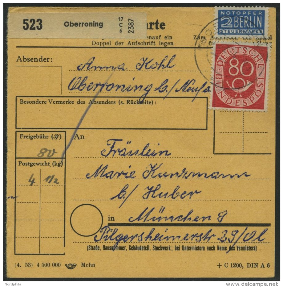 BUNDESREPUBLIK 137 BRIEF, 1954, 80 Pf. Posthorn, Einzelfrankatur Auf Paketkarte Aus - Oblitérés