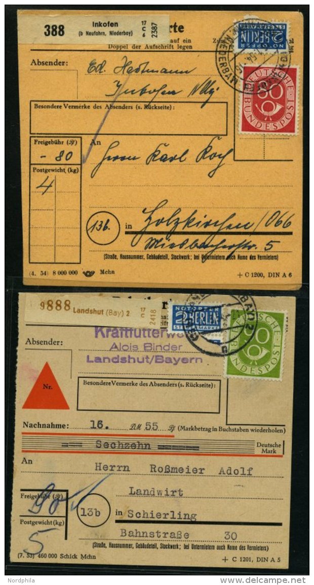 BUNDESREPUBLIK 137/8 BRIEF, 1954, 80 Und 90 Pf. Posthorn, Je Als Einzelfrankatur Auf Paketkarte, üblich Gezähn - Oblitérés