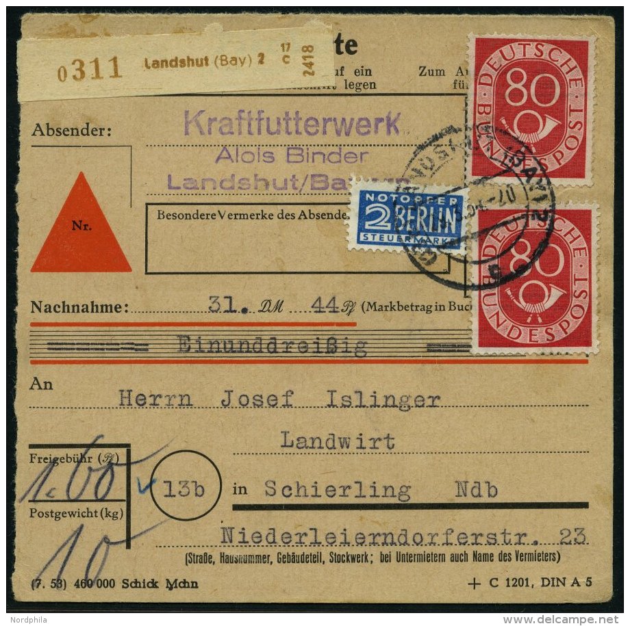 BUNDESREPUBLIK 137 BRIEF, 1954, 80 Pf. Posthorn, 2x Als Mehrfachfrankatur Auf Nachnahmekarte Aus LANDSHUT, Normale Z&aum - Oblitérés