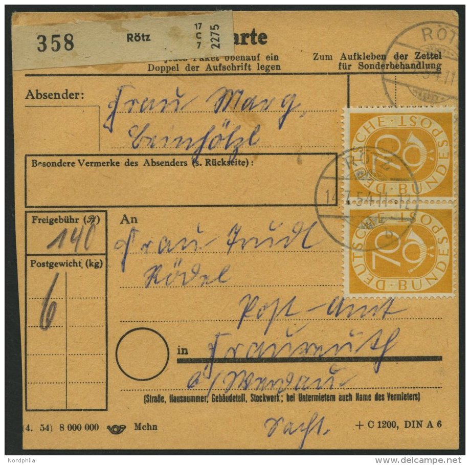 BUNDESREPUBLIK 136 Paar BRIEF, 1954, 70 Pf. Posthorn Im Waagerechten Paar Als Seltene Mehrfachfrankatur Auf Paketkarte A - Oblitérés